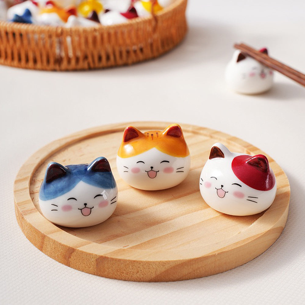 Ceramic Cat Chopstick Rests – 12pcs Porcelain Holders for Chopsticks, Spoons & Forks | Japanese Style Cute Cat Tableware & Kitchen Decor Gift