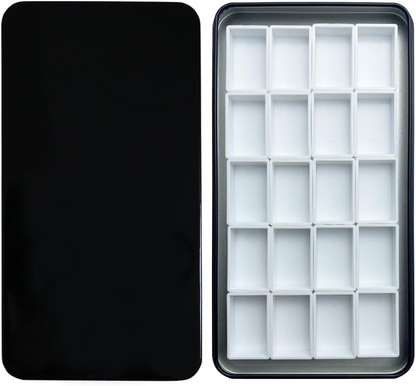FCLUB black watercolor palette tin with 20 full pans and strong magnetic squares, compact and sturdy DIY paint tray perfect for artists and students