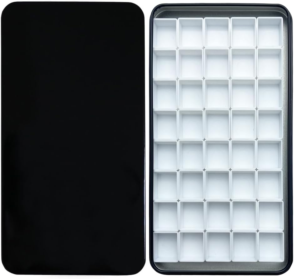 FCLUB black watercolor palette tin with 40 empty plastic half pans and magnetic squares, lightweight and portable DIY watercolor kit perfect for artists on the go