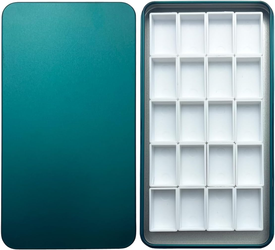 FCLUB green watercolor palette tin with 20 full pans and magnetic squares, featuring a lid that doubles as a mixing area for versatile painting and color blending