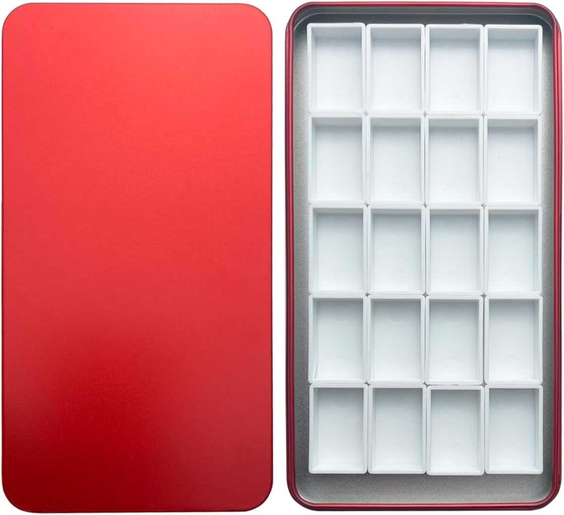 FCLUB red watercolor palette tin with 20 full pans and magnetic squares, rust-proof metal tray with durable and easy-to-clean full pans for long-lasting use