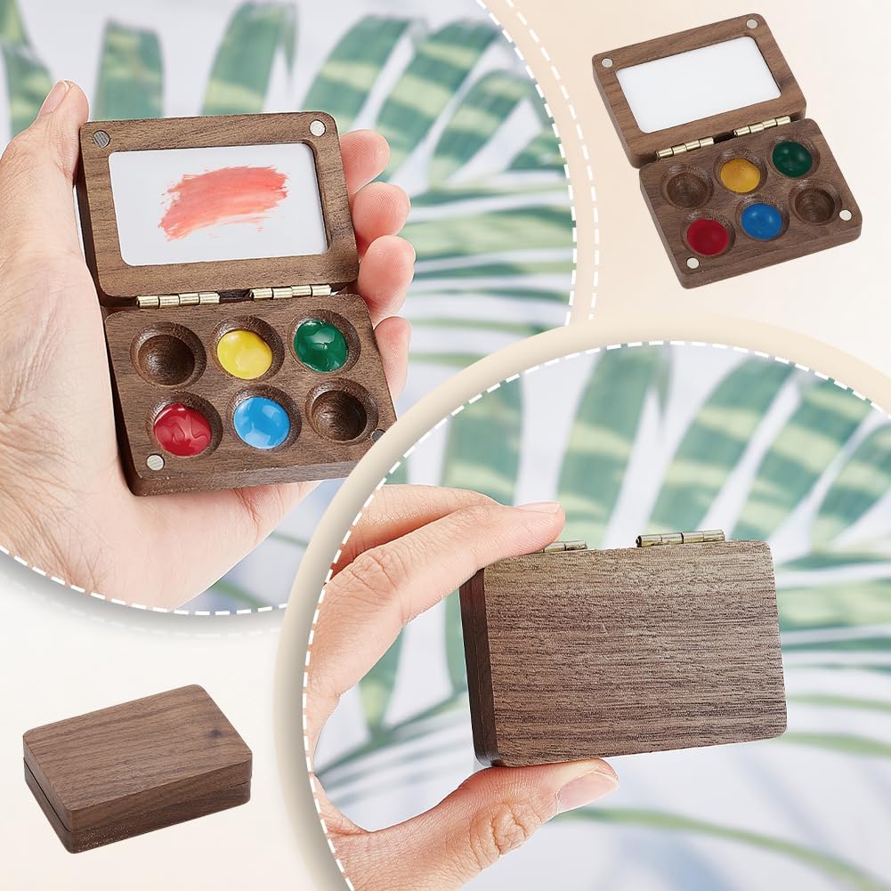 Magnetic lid on 6 wells wooden watercolor palette, secure closure for travel and portable painting