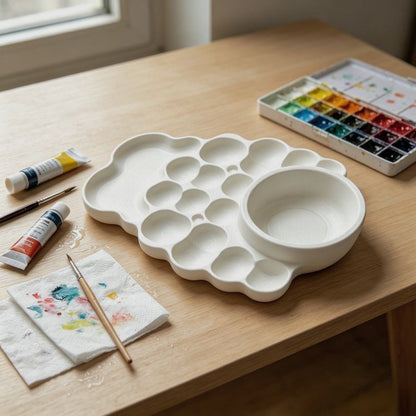 Smooth mixing surface on a plastic artist palette for blending and mixing paint colors