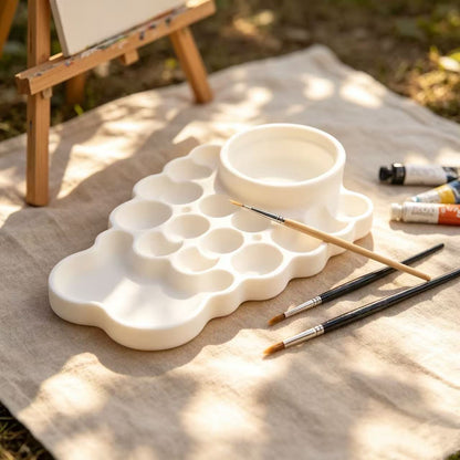 Multiple wells on a plastic paint palette for separating and organizing different paint colors