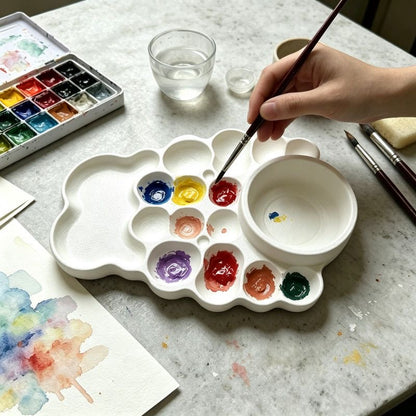 Plastic paint mixing palette with multiple paint wells, smooth mixing areas, and a built-in water bowl