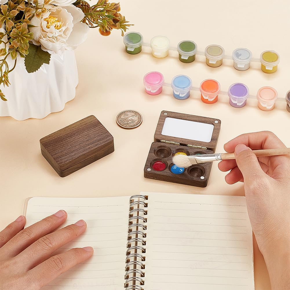 Portable 6 wells walnut wood watercolor palette, perfect for travel, sketchbooks, and outdoor painting