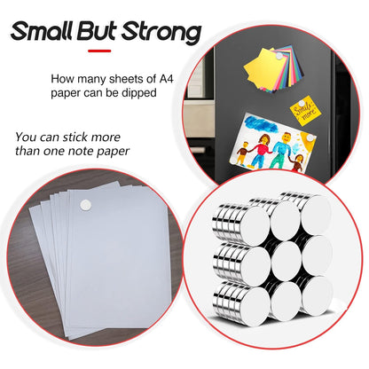 Despite small size, these neodymium magnets securely hold A4 paper on the fridge or whiteboard