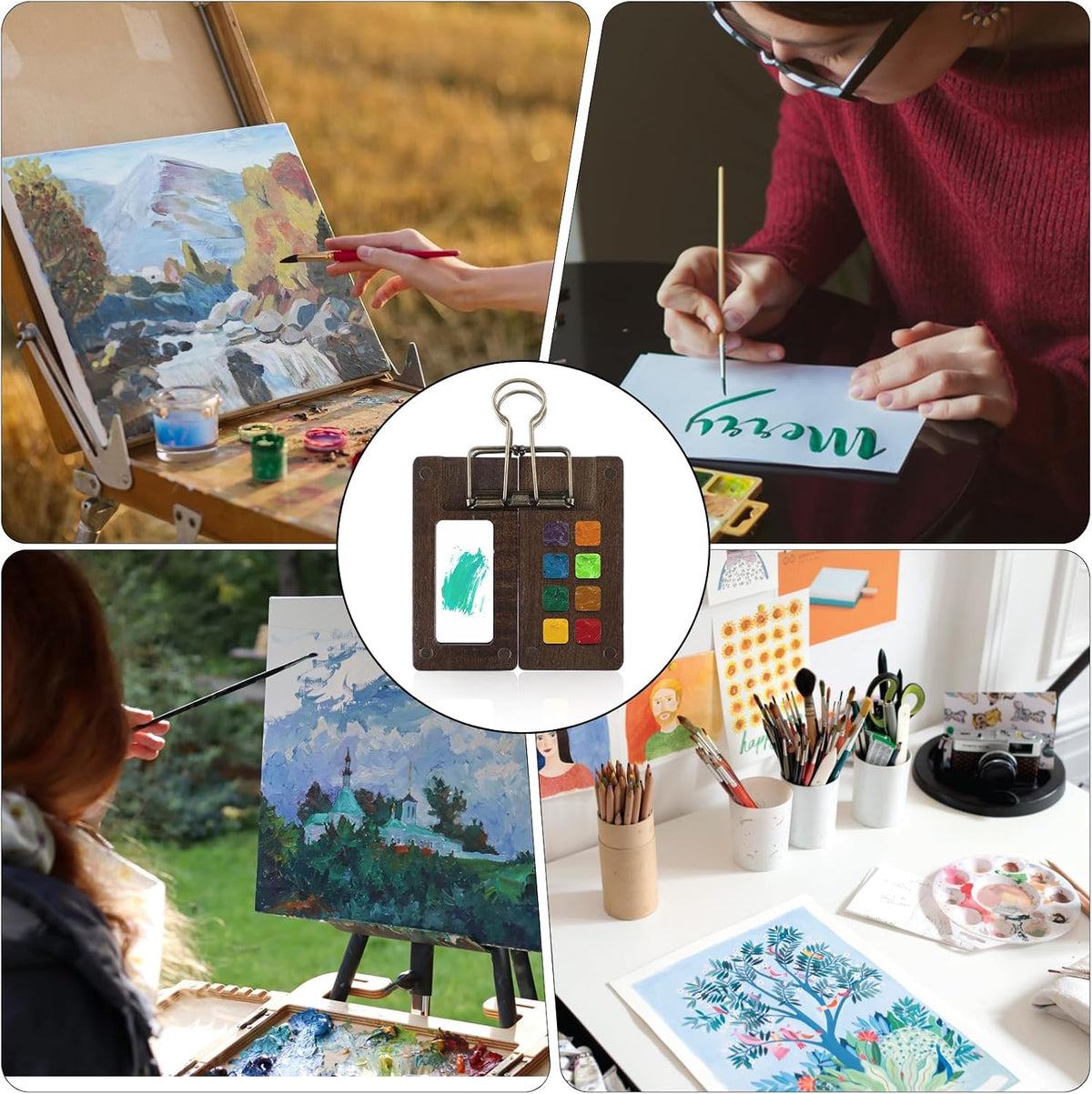 wooden paint palette with magnetic clip closure for secure travel painting