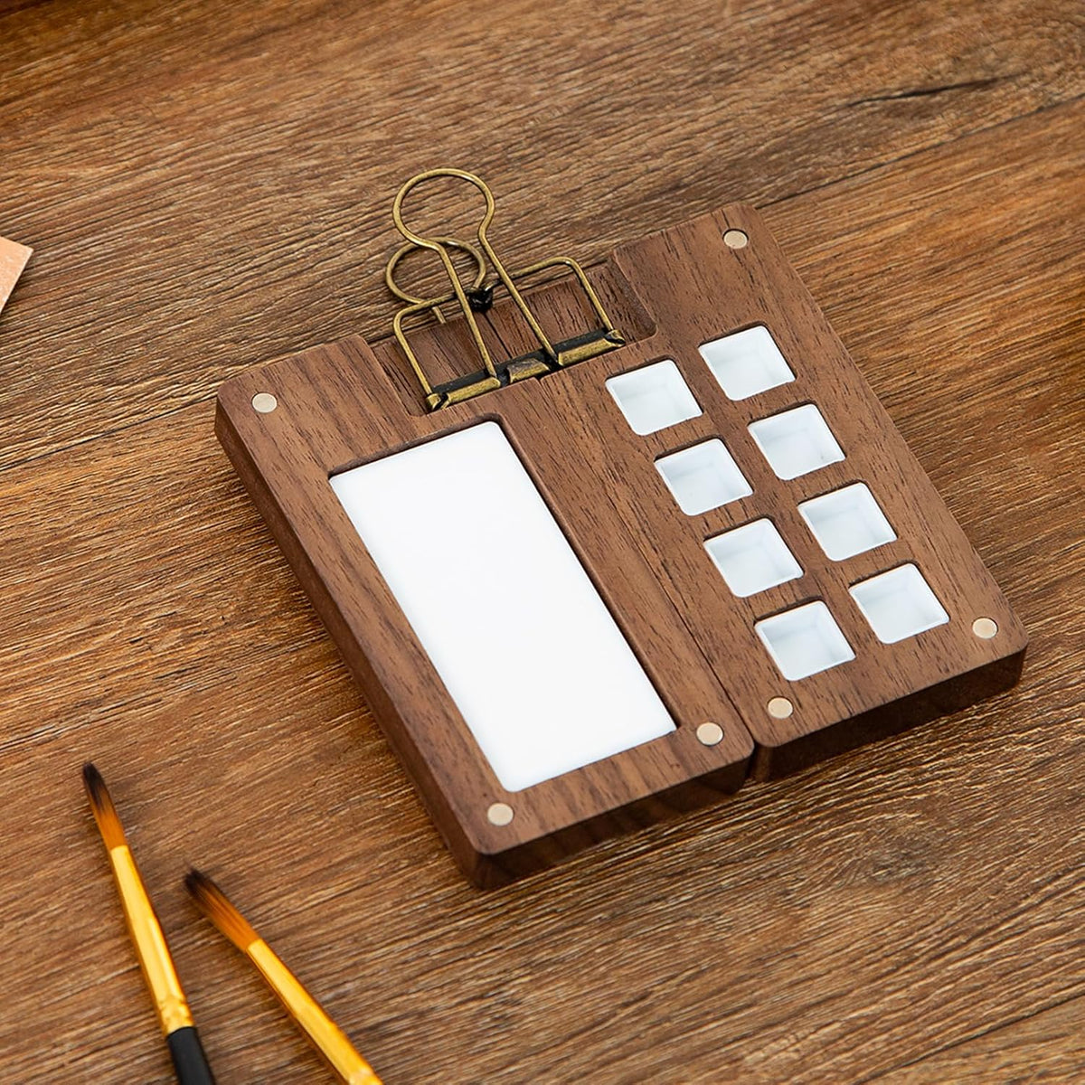 wooden watercolor palette with 8 paint grids and a mixing tray